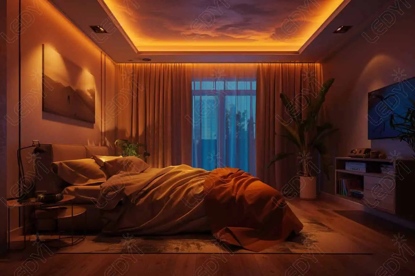 Cozy bedroom with warm lighting and modern decor.
