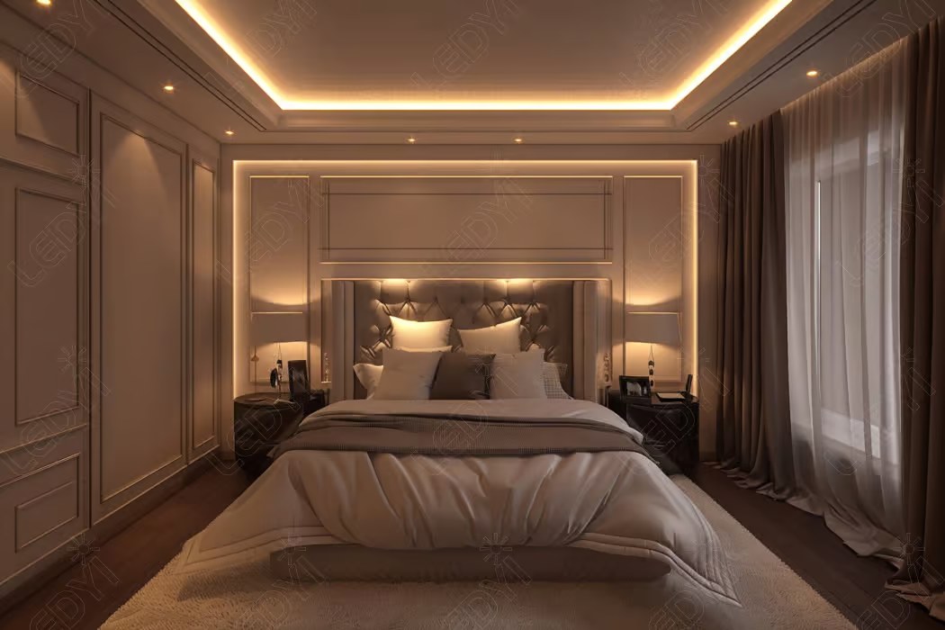 Luxurious bedroom with ambient lighting and plush decor.
