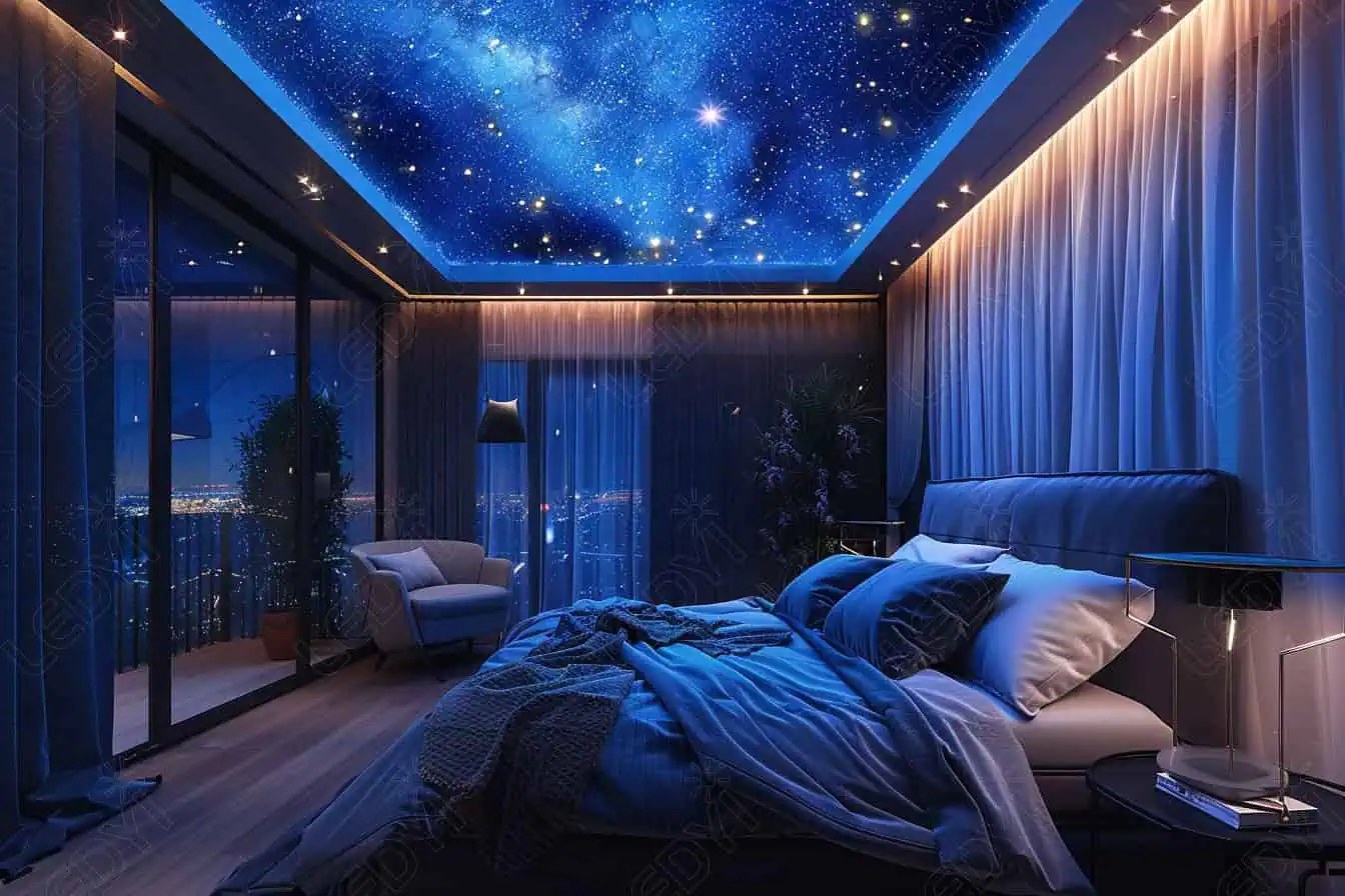 Modern bedroom with starry sky ceiling and city view.