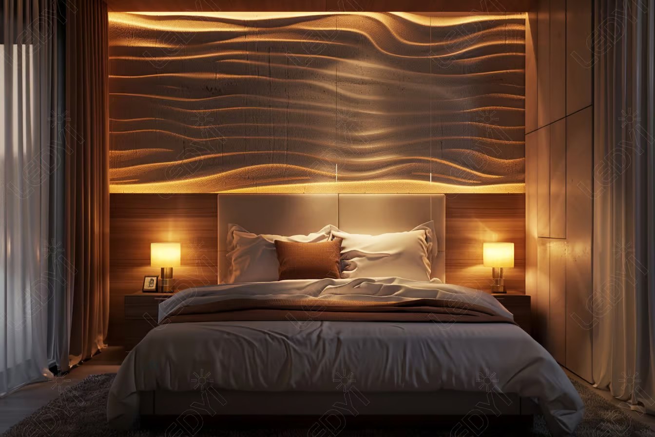 Modern bedroom with ambient lighting and wooden accents.