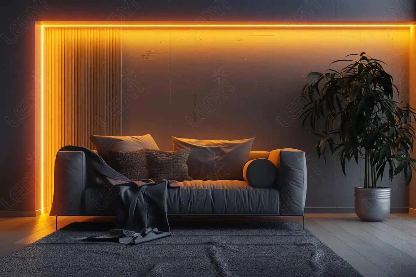 Modern living room with LED lighting and gray sofa.