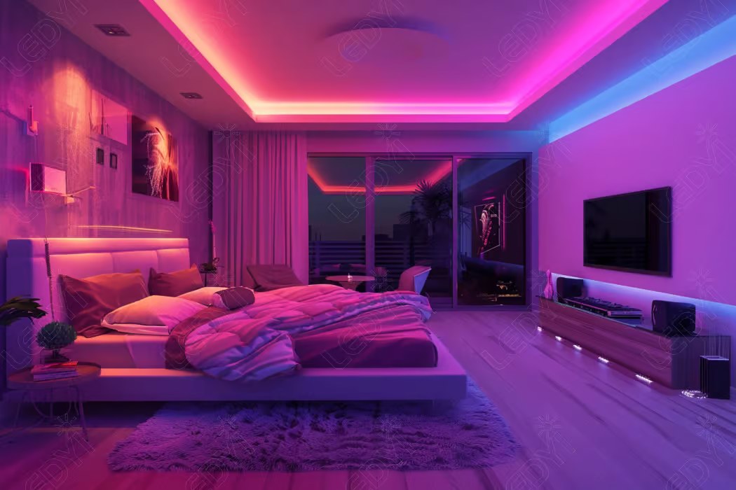 Modern bedroom with vibrant LED lighting.