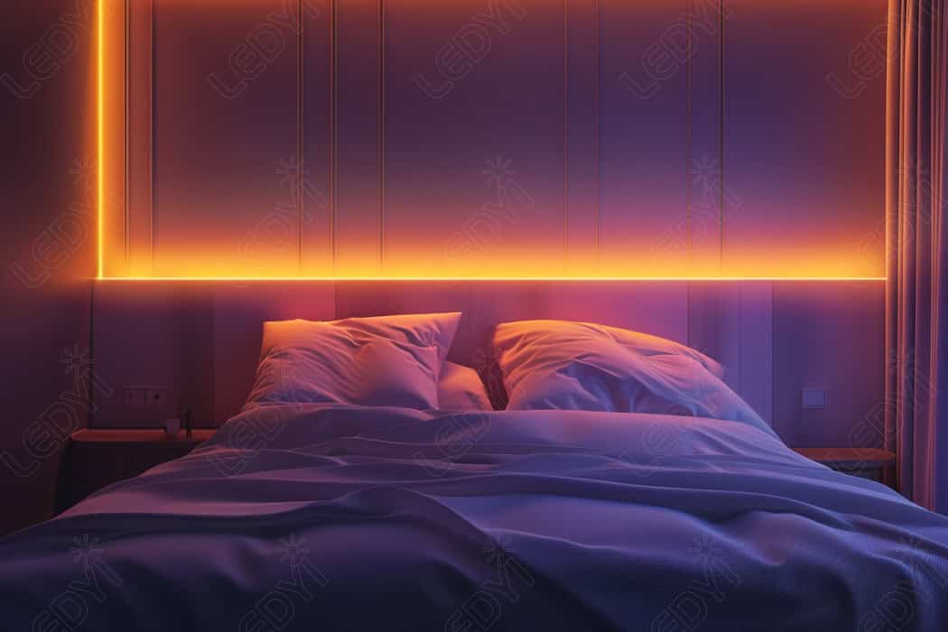 Modern bedroom with LED ambient lighting.