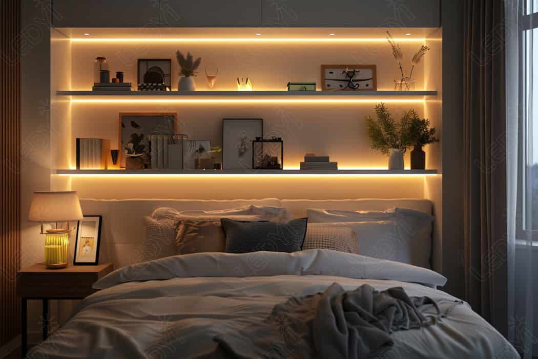 Cozy bedroom with illuminated shelves and modern decor.