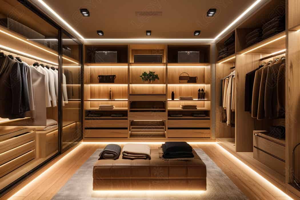 Luxurious modern walk-in closet with organized clothing and shelves.