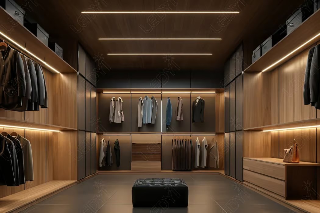 Luxurious modern walk-in closet with organized clothing and lighting.
