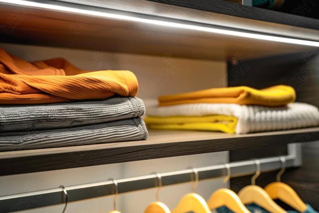 Folded clothes in illuminated closet shelf