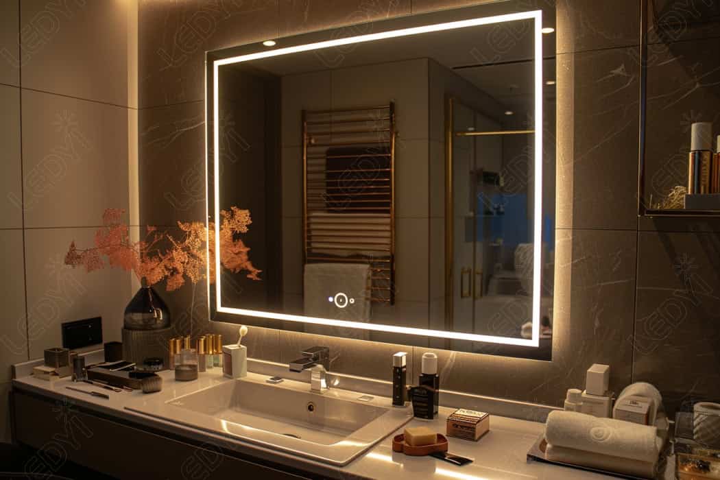 Modern bathroom with illuminated mirror and vanity countertop.