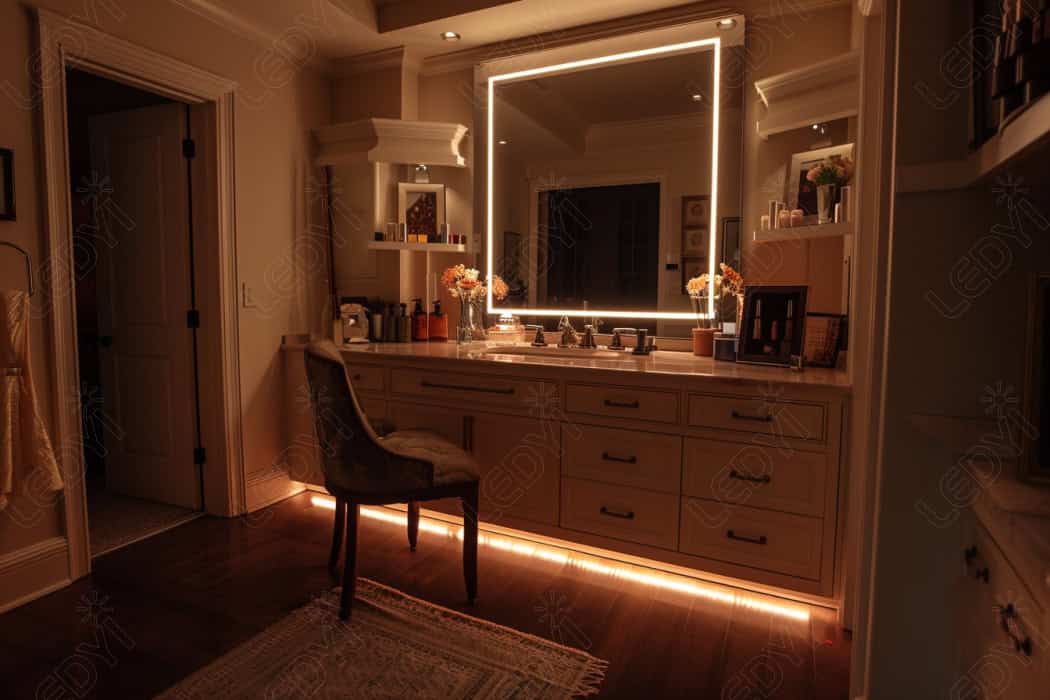 Elegant bathroom vanity with illuminated mirror and modern decor.