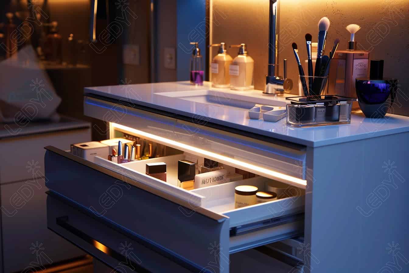 Modern bathroom vanity with organized cosmetics and LED lighting.