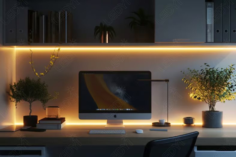 Modern desk setup with glowing LED backlighting.