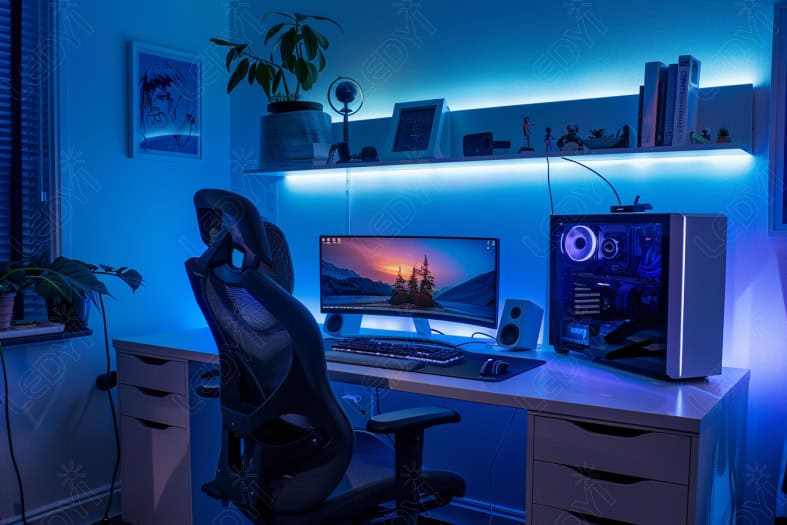 Modern gaming setup with LED lights and custom PC.