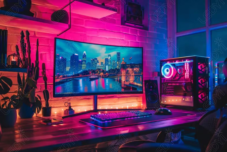 Modern gaming PC setup with neon lighting.