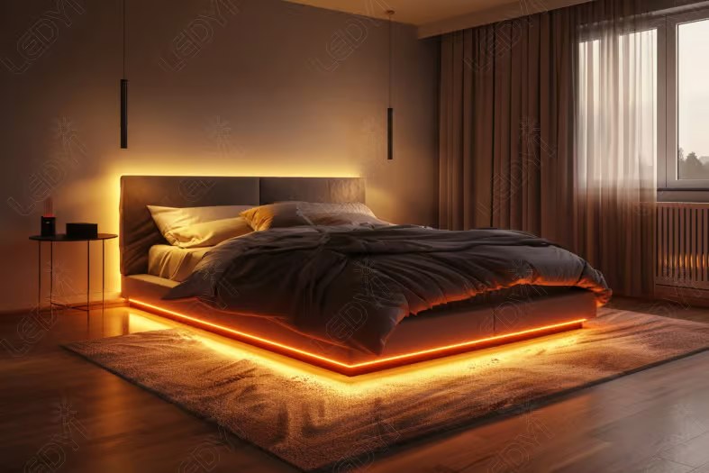 Modern bedroom with illuminated bed frame and soft lighting.