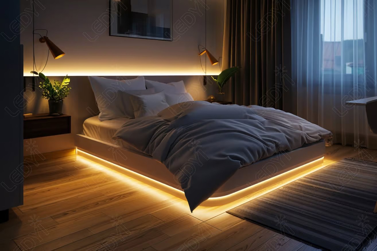 Cozy bedroom with LED-lit platform bed.