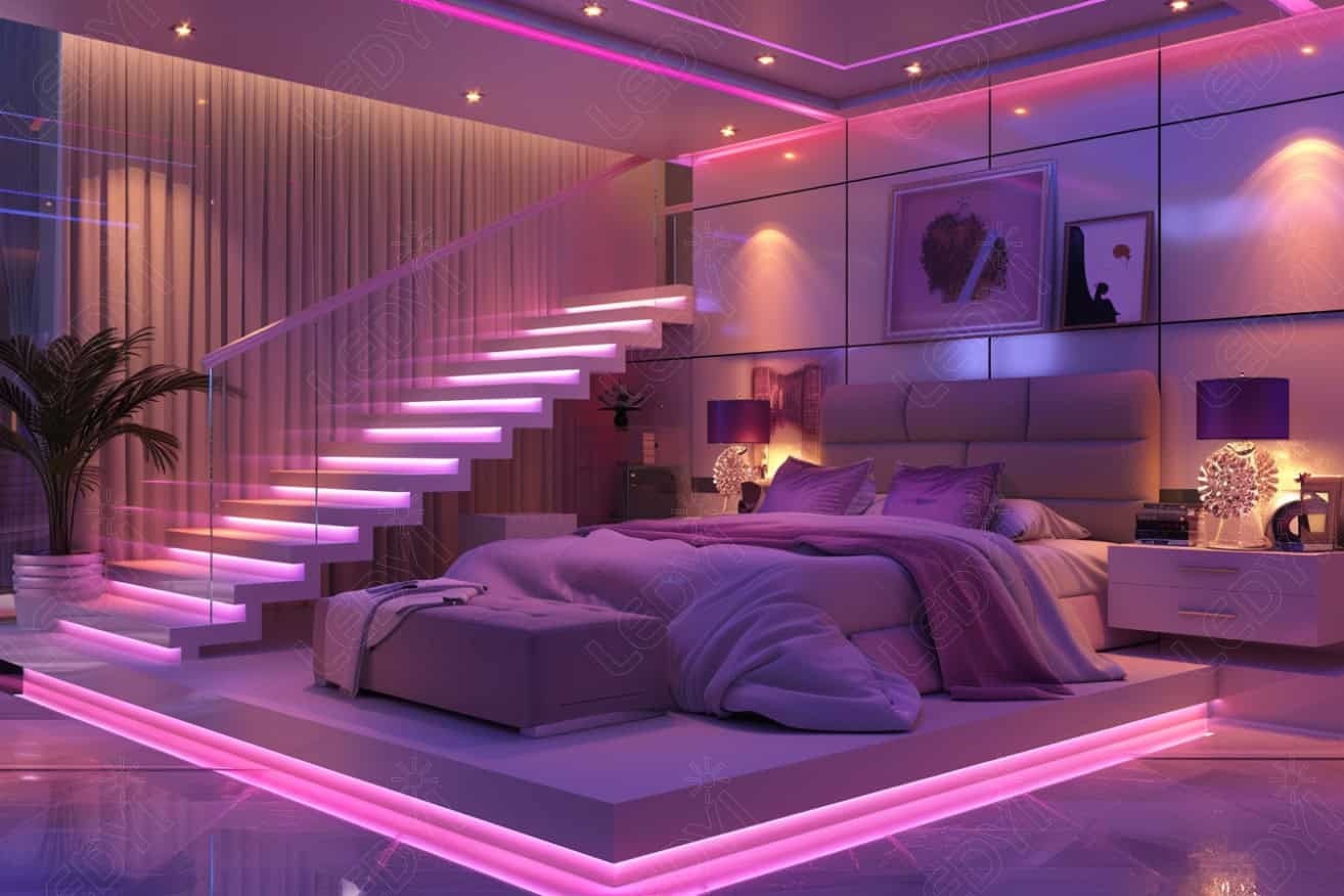 Modern bedroom with colorful LED lighting