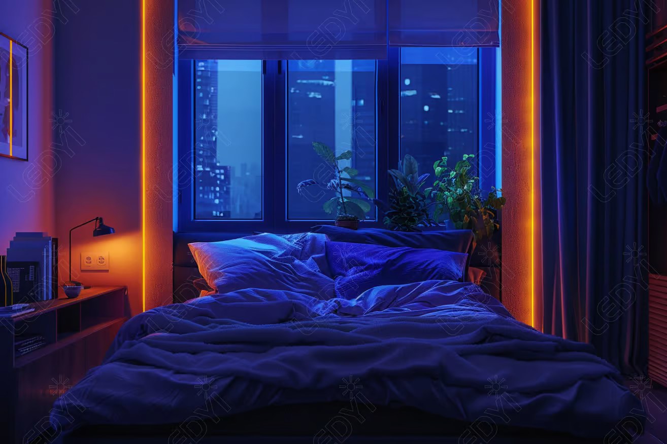 Cozy bedroom with neon lights and cityscape view.