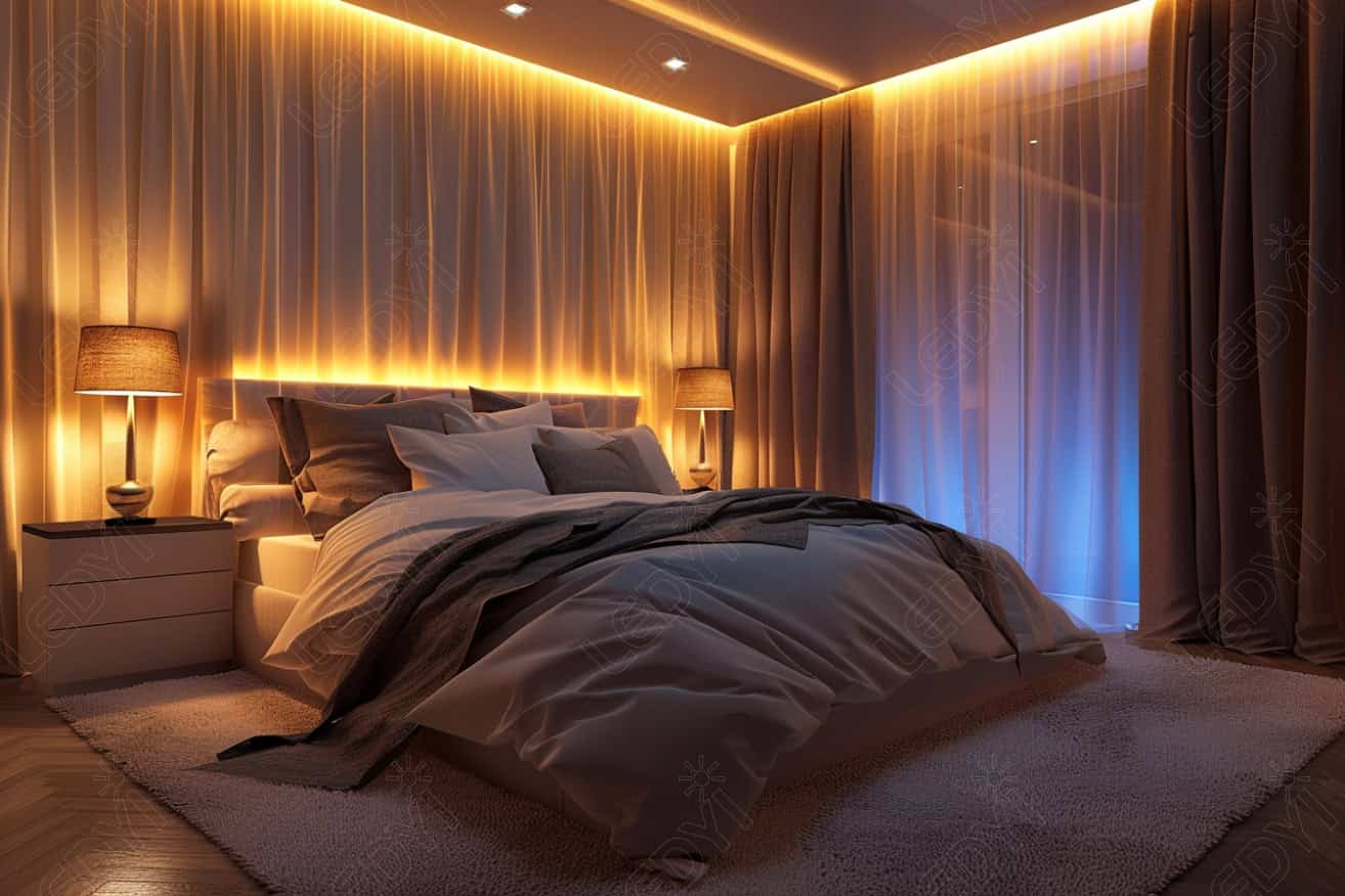 Cozy bedroom with soft, warm ambient lighting.