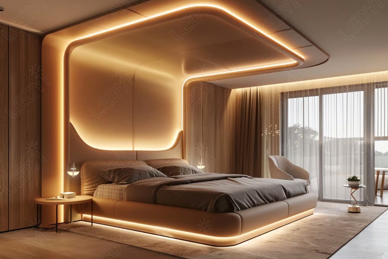 Modern bedroom with ambient LED lighting.