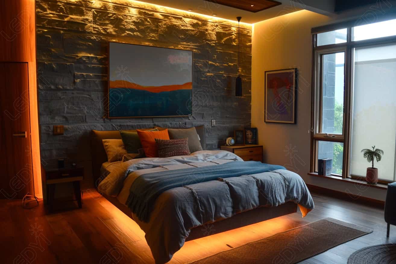 Modern bedroom with cozy lighting and wall art.