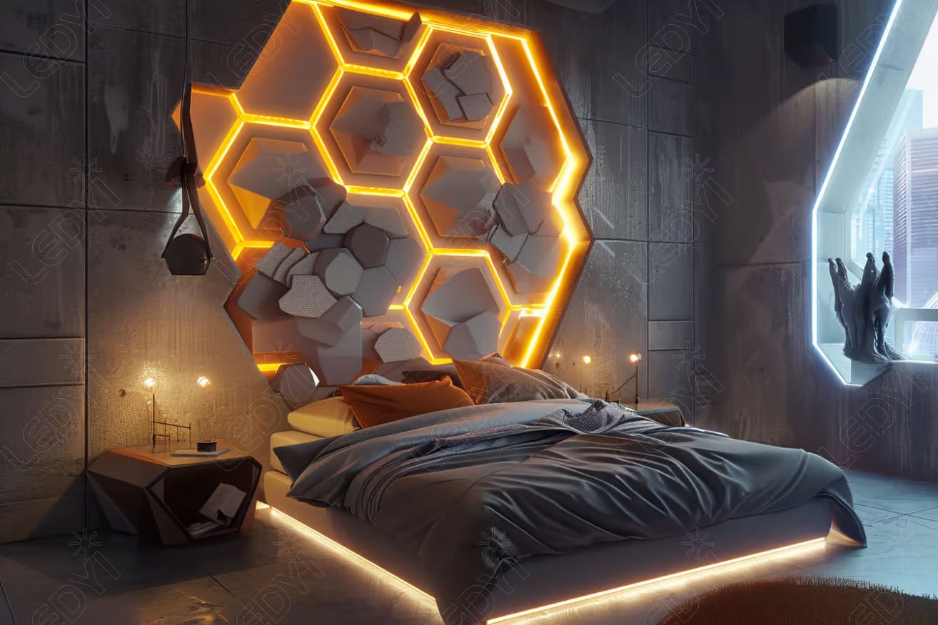 Futuristic bedroom with illuminated hexagonal wall design.