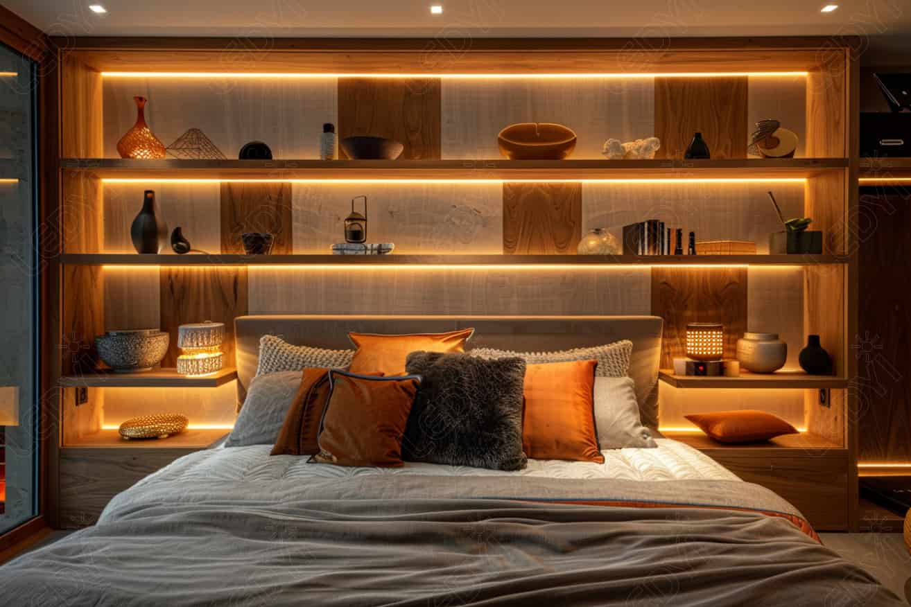 Modern bedroom with illuminated wooden shelves and cozy bedding.