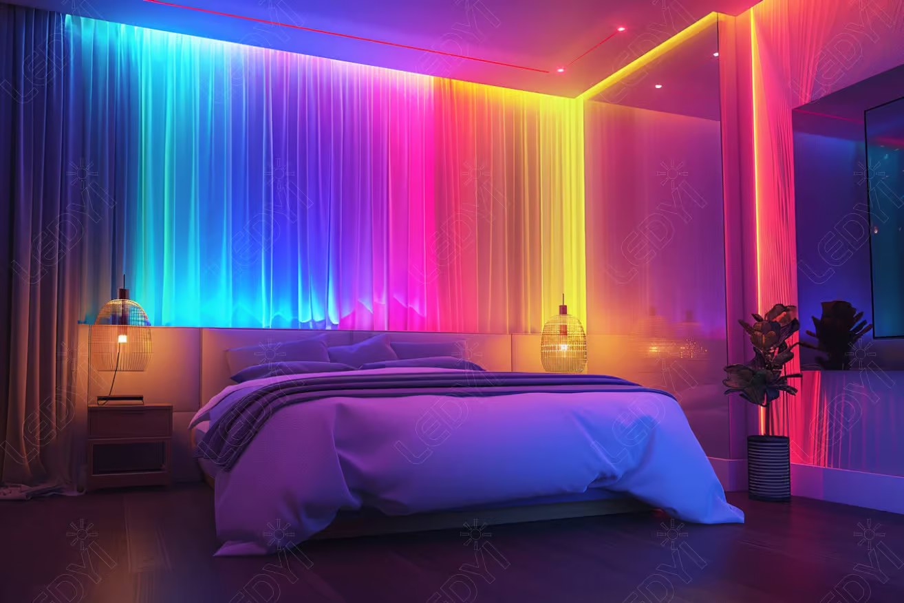 Cozy bedroom with vibrant led color-changing lights.