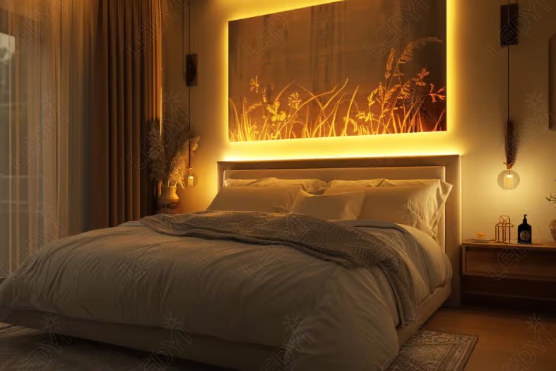 Cozy bedroom with warm ambient lighting and art.