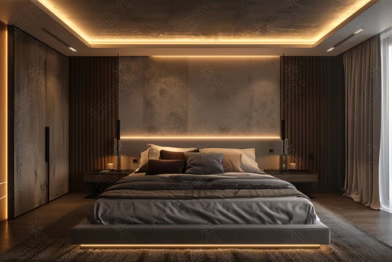 Modern bedroom with ambient lighting and cozy decor.