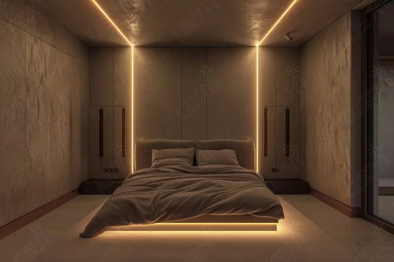 Modern bedroom with stylish LED lighting.