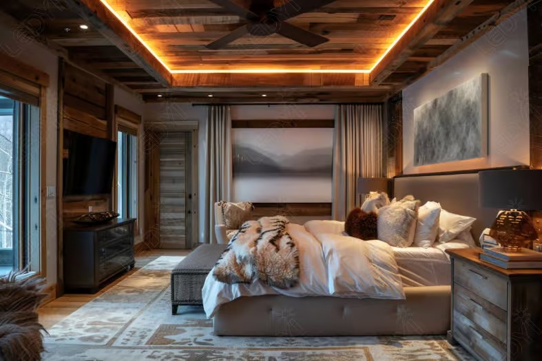 Cozy rustic bedroom with warm lighting and wooden decor.