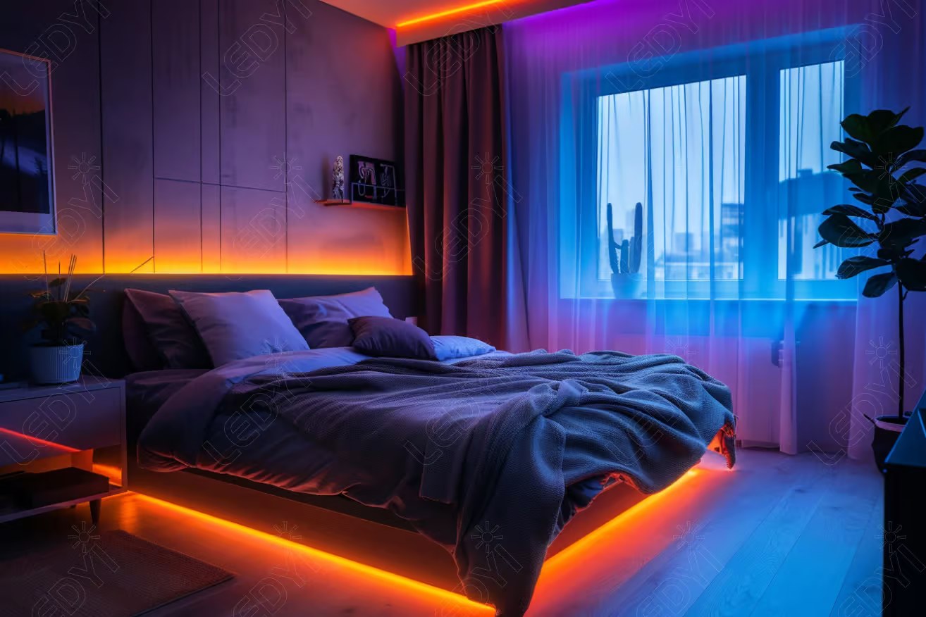 Modern bedroom with colorful LED lighting and cozy decor.