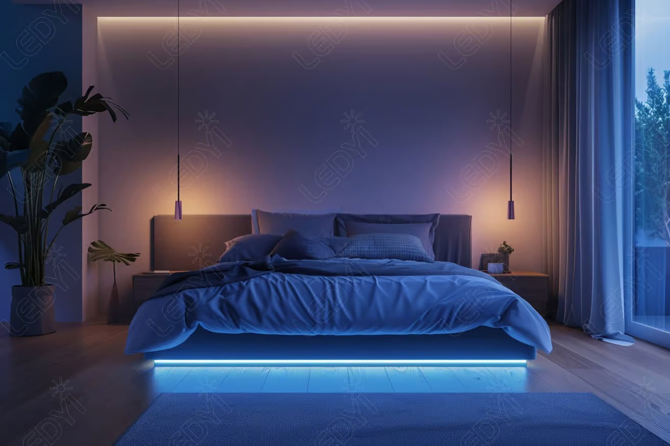 Modern bedroom with ambient lighting and large window.