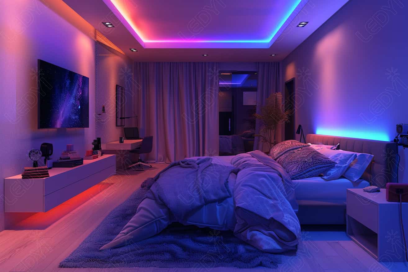 Modern bedroom with colorful LED ambient lighting.