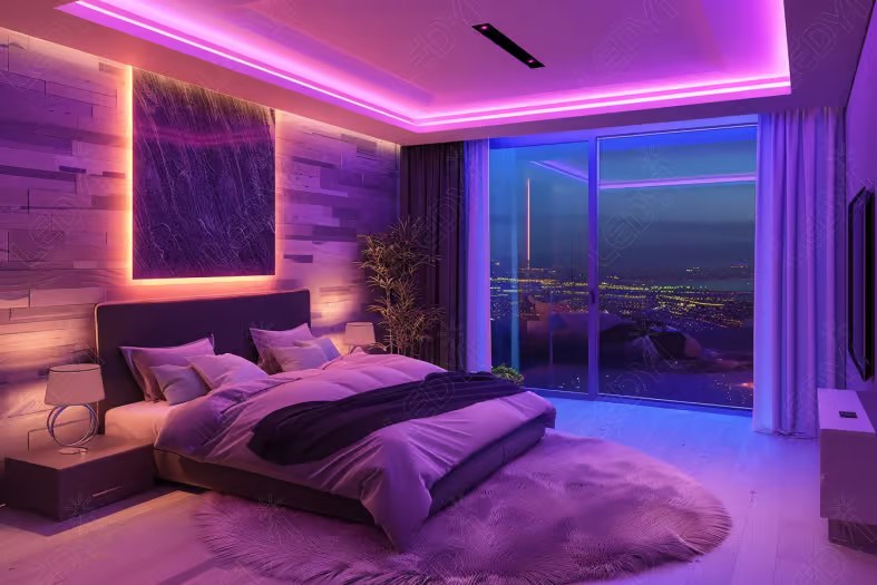 Modern bedroom with purple LED lighting and city view