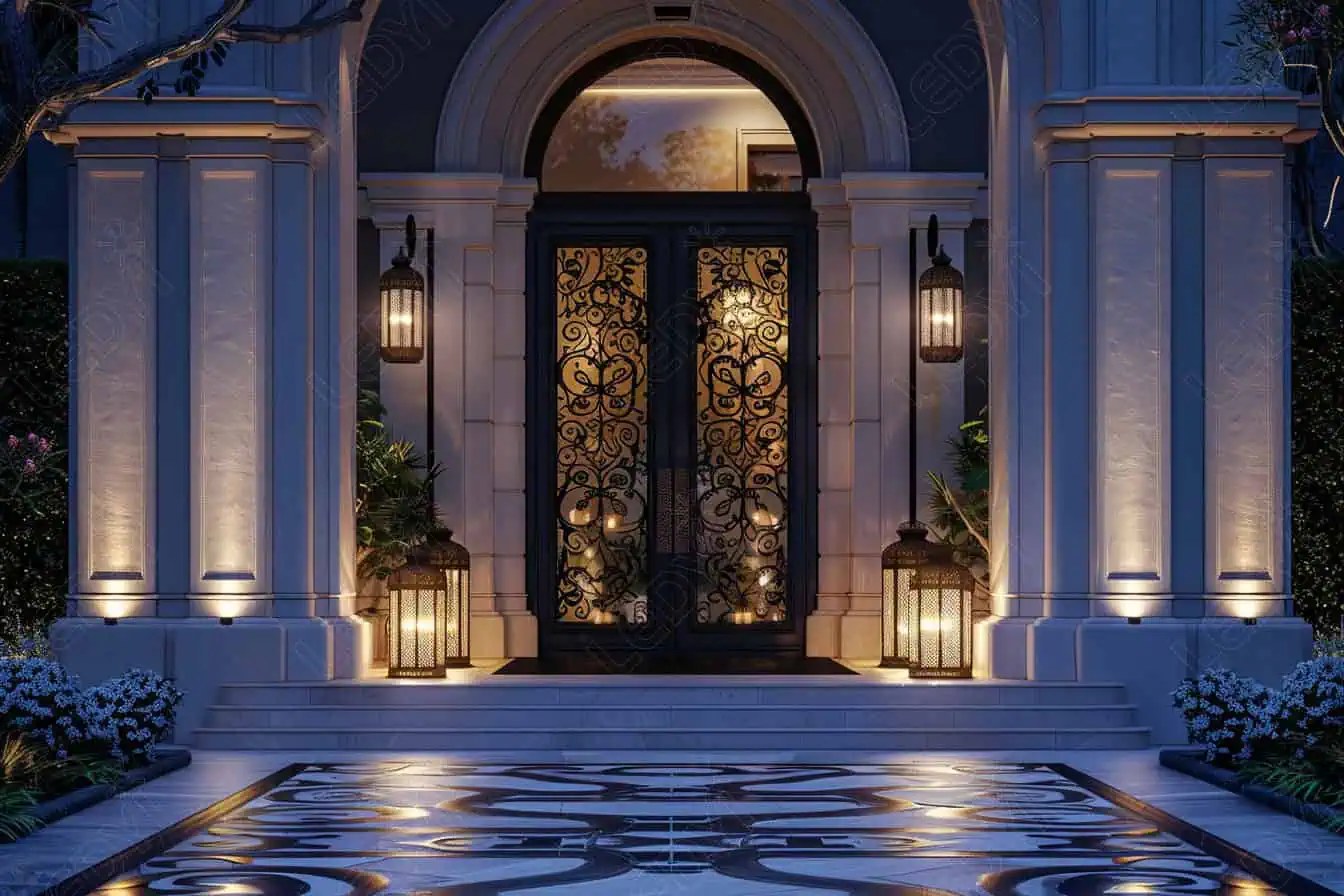 Elegant entrance with ornate doors and lantern lighting