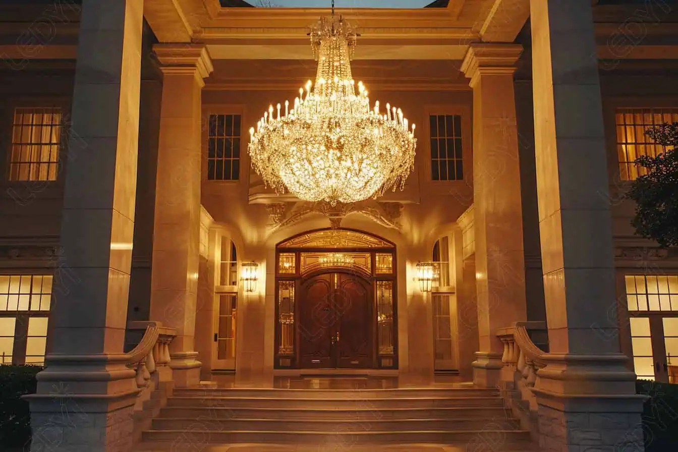 Grand entrance with ornate chandelier and glowing lights.