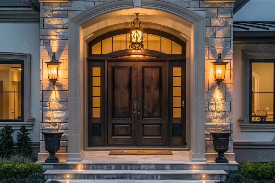 Elegant front door with warm evening lighting.