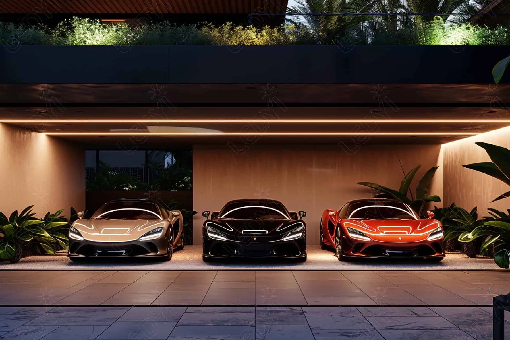 Three luxury cars parked in a modern garage.