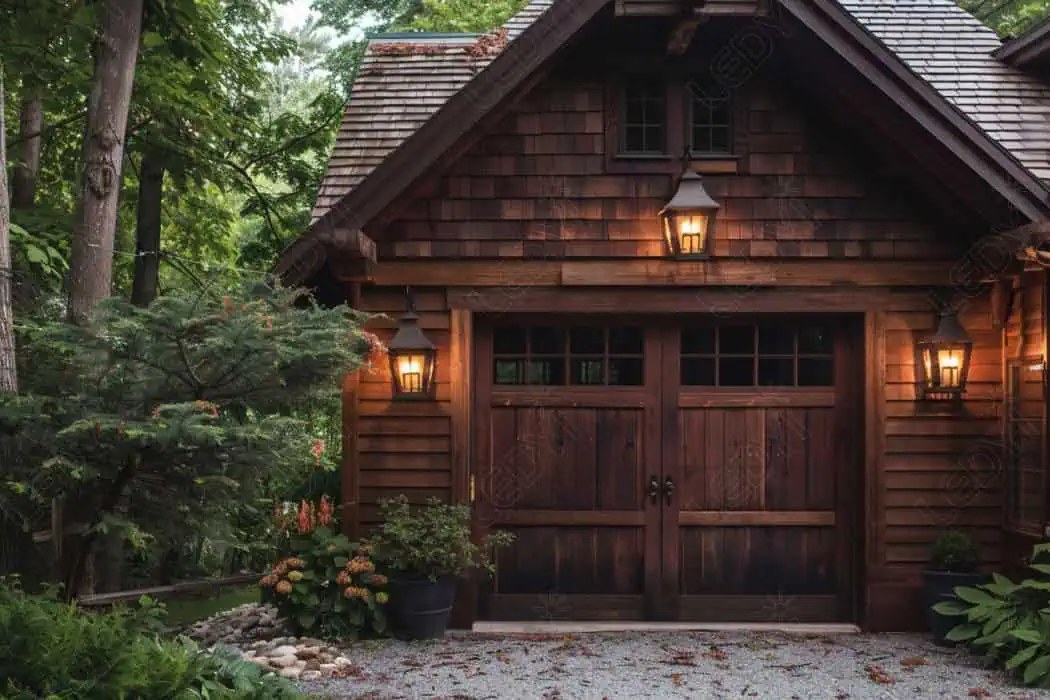 Cozy wooden garage with lamps and lush landscaping.