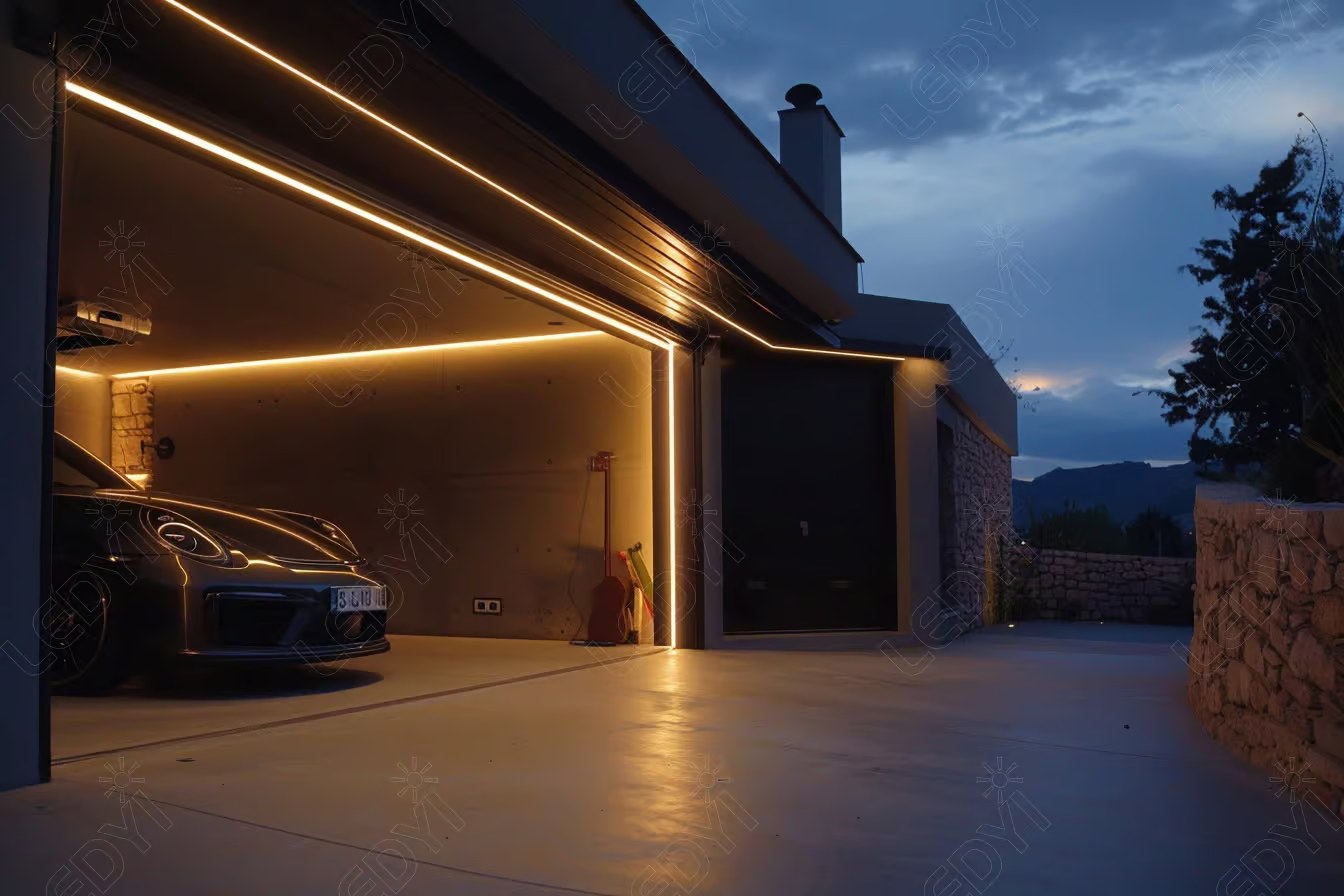 Modern garage with LED lighting at dusk.