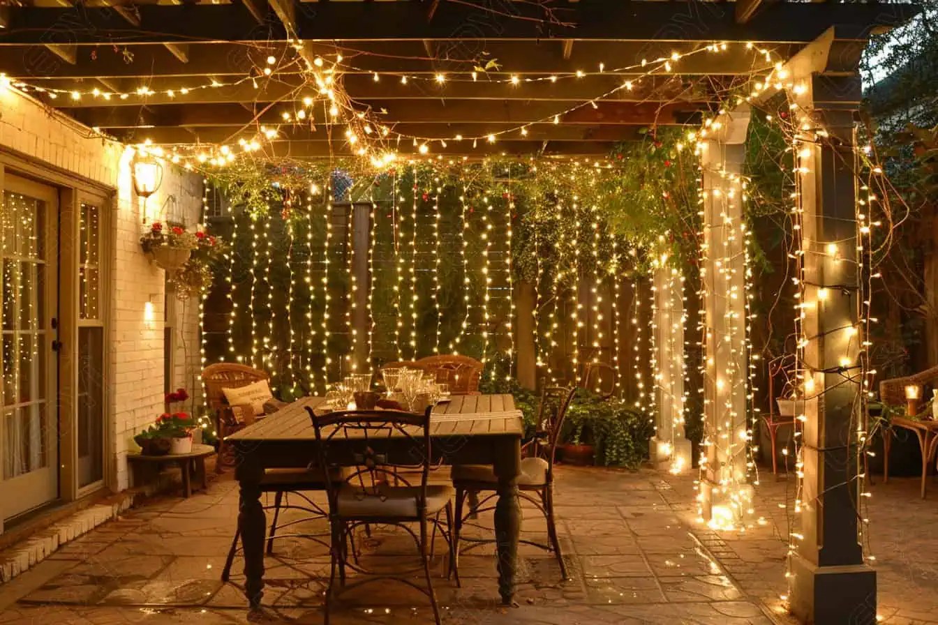 Cozy backyard patio with string lights and dining table.