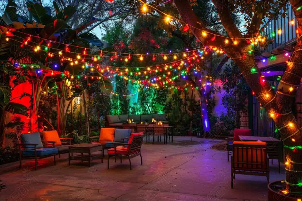 Colorful outdoor patio with string lights and cozy seating.