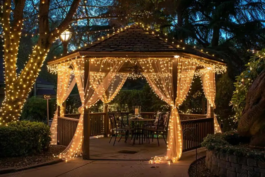 Outdoor gazebo with string lights at night.