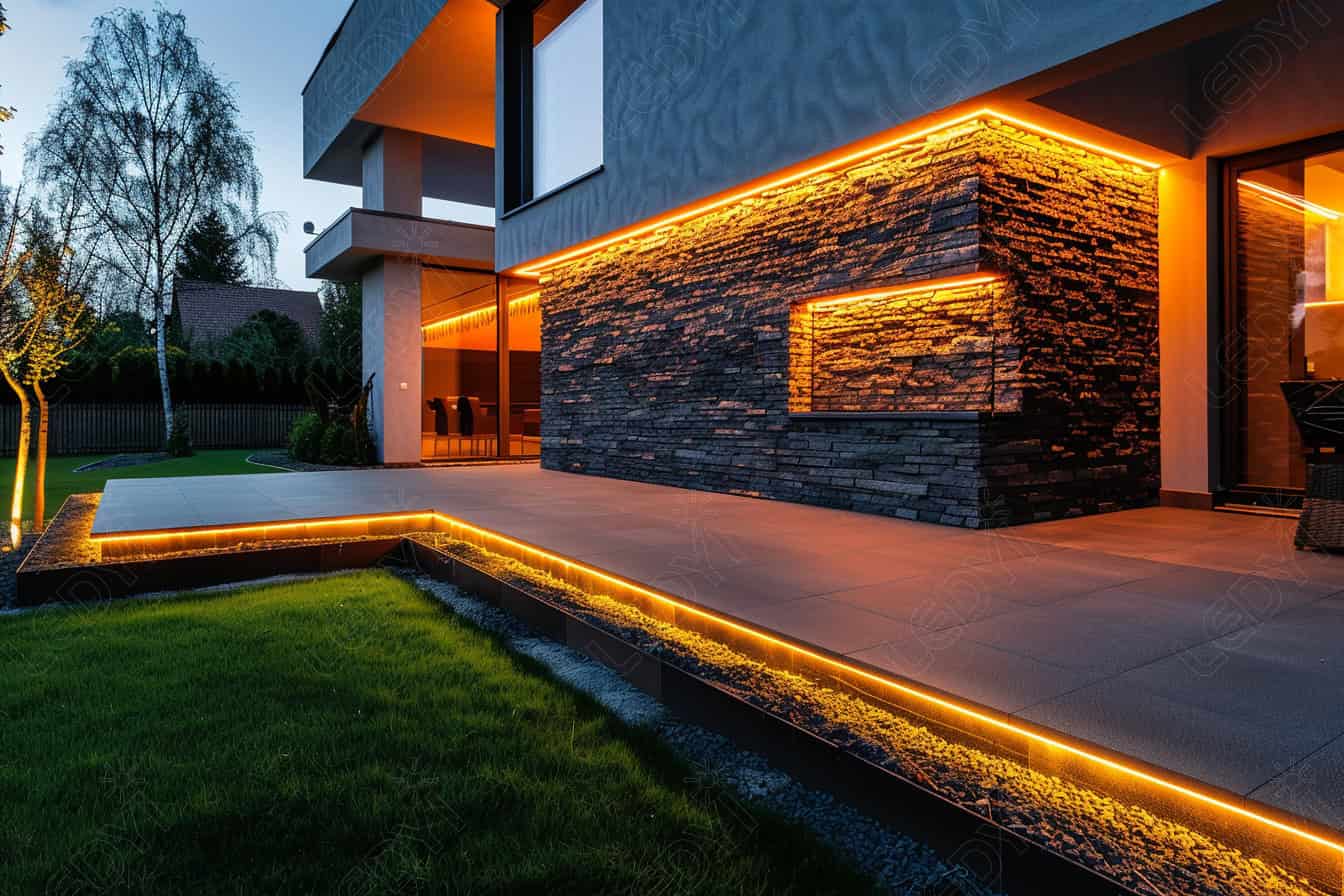 Modern house with exterior LED strip lighting.