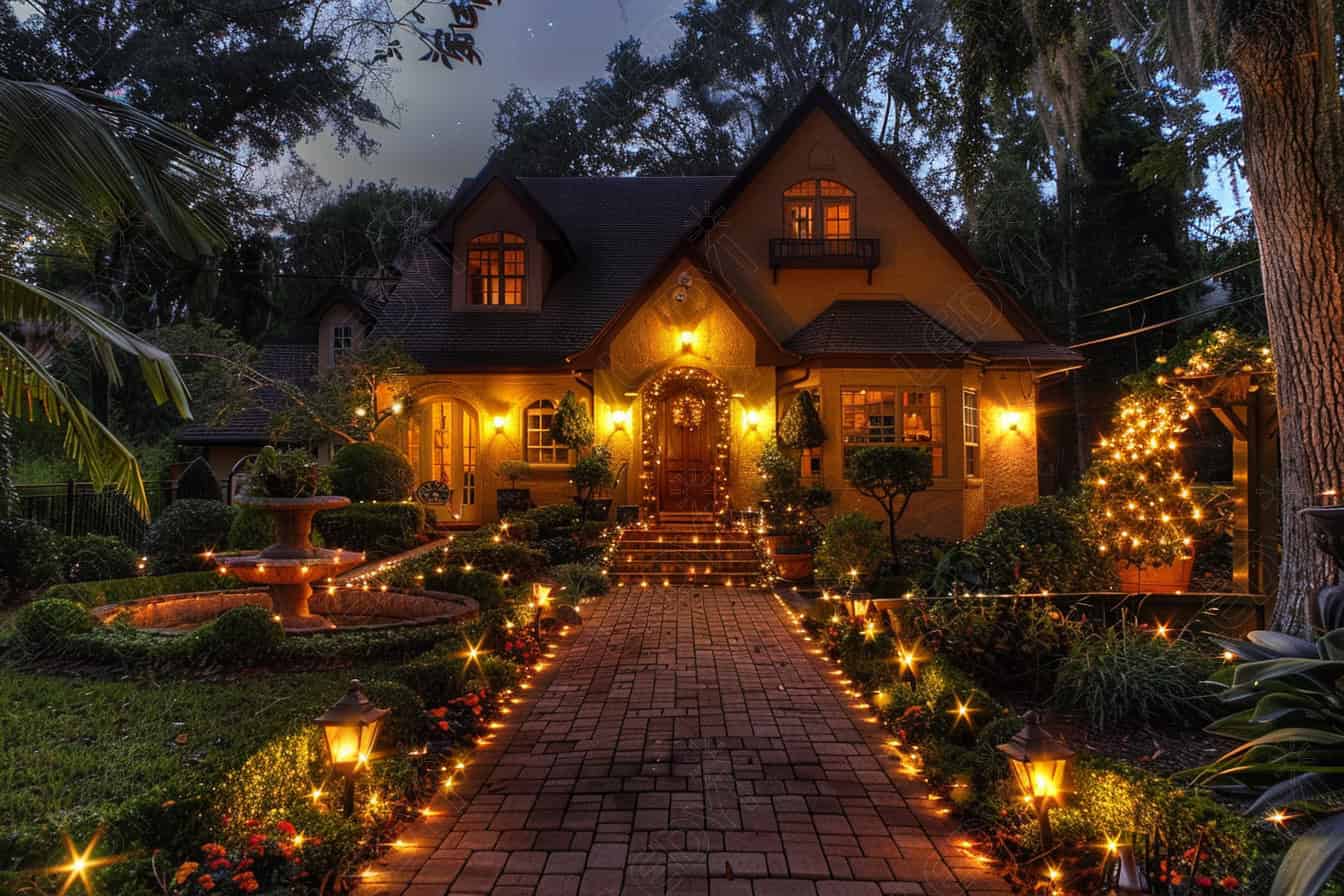 Cozy, well-lit house with garden path and fountain.