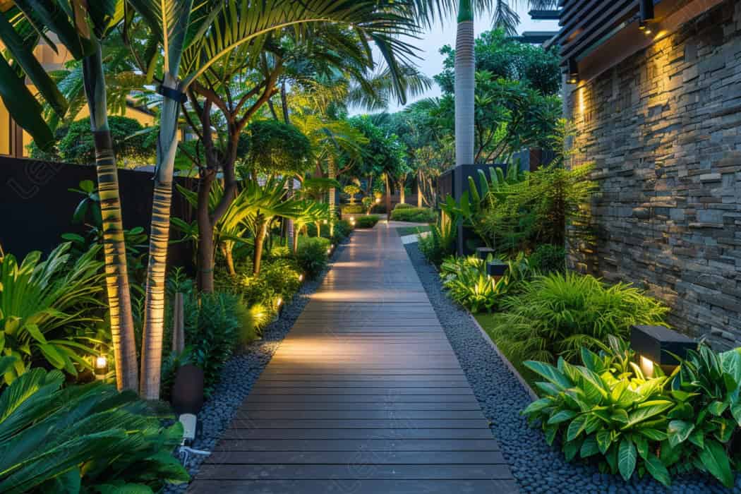Illuminated path in lush garden with wooden walkway.