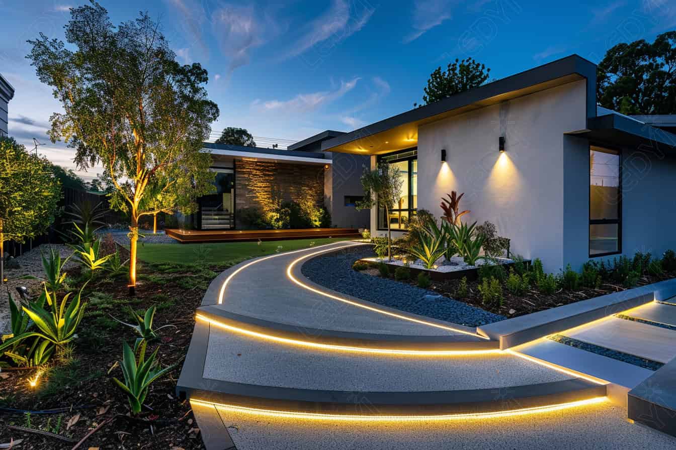 Modern house with illuminated pathway at dusk.