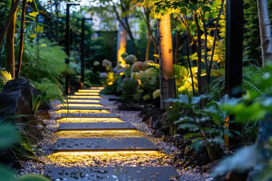 Illuminated garden path with stepping stones at twilight.