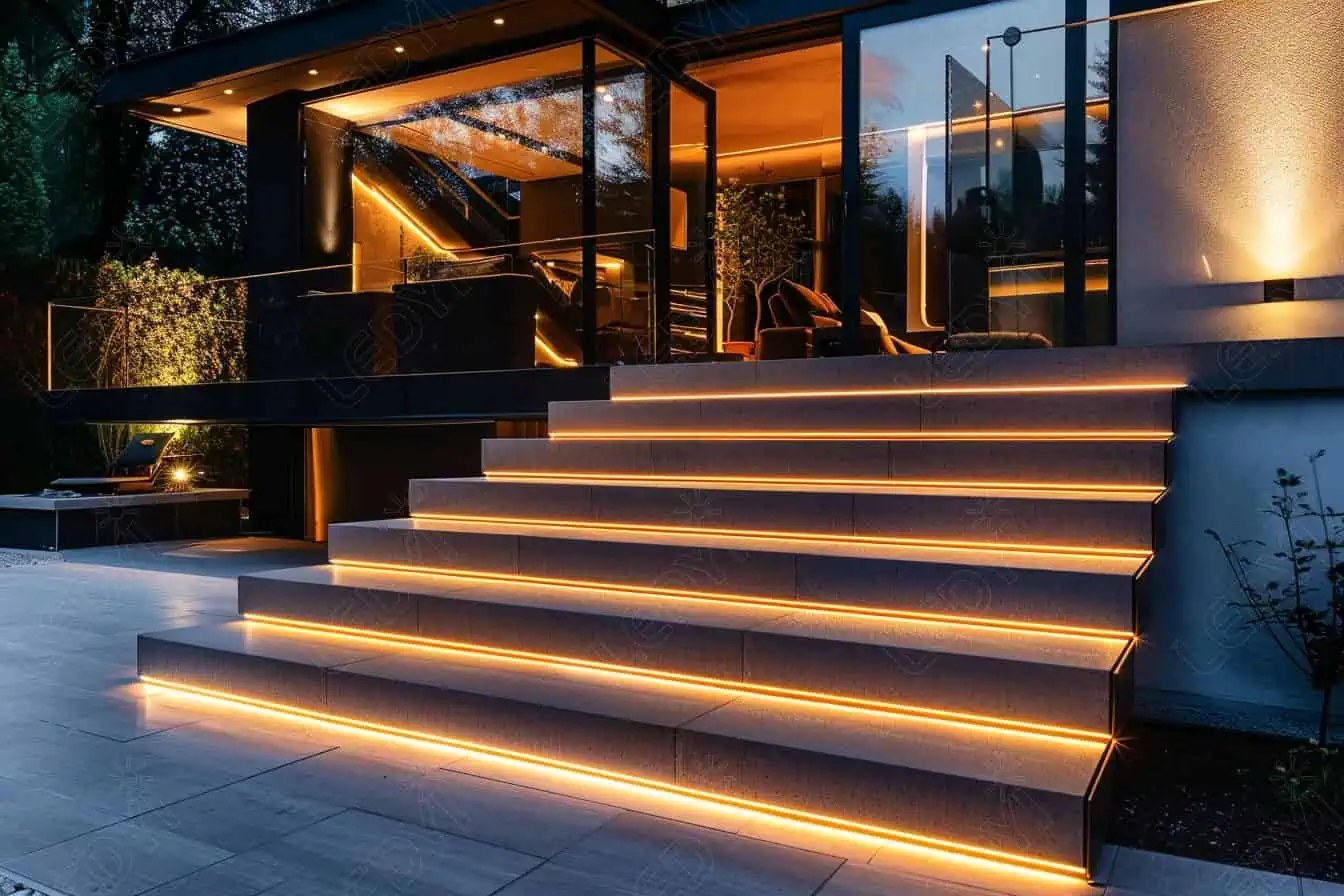 Modern outdoor stairway with LED lighting at night.